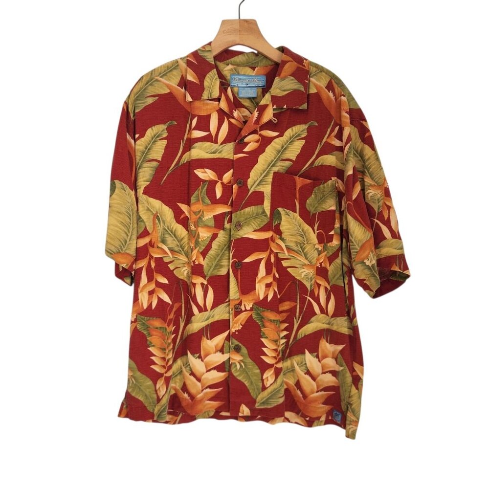 Bermuda Bay Hawaiian Shirt 100% Silk Short Sleeve Button Up Tropical Mens Medium